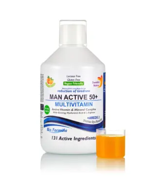 Multivitamine Lichide MAN ACTIVE 50+ pentru Bărbați peste 50 Ani cu 131 Ingrediente: Vitamine + Minerale + Aminoacizi + Bio Active Life Blend – Sticlă cu 500 ml