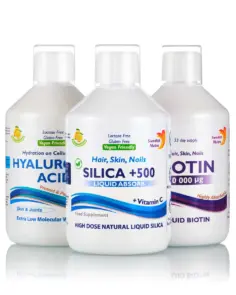 Super-Pachet Frumusețe, Întărire Păr, Unghii, Piele Strălucitoare: Acid Hialuronic Lichid + Siliciu Lichid + Biotină Lichidă