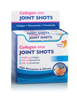 Joint Shots – Colagen lichid hidrolizat de tip 1, 2 și 3 cu 10.000mg + Glucozamină Sulfat + MSM + Condroitină + Turmeric + Ceai verde + Vitamina B12, C și D3 – Cutie cu 20 de fiole