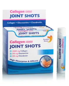 Joint Shots – Colagen lichid hidrolizat de tip 1, 2 și 3 cu 10.000mg + Glucozamină Sulfat + MSM + Condroitină + Turmeric + Ceai verde + Vitamina B12, C și D3 – Cutie cu 20 de fiole