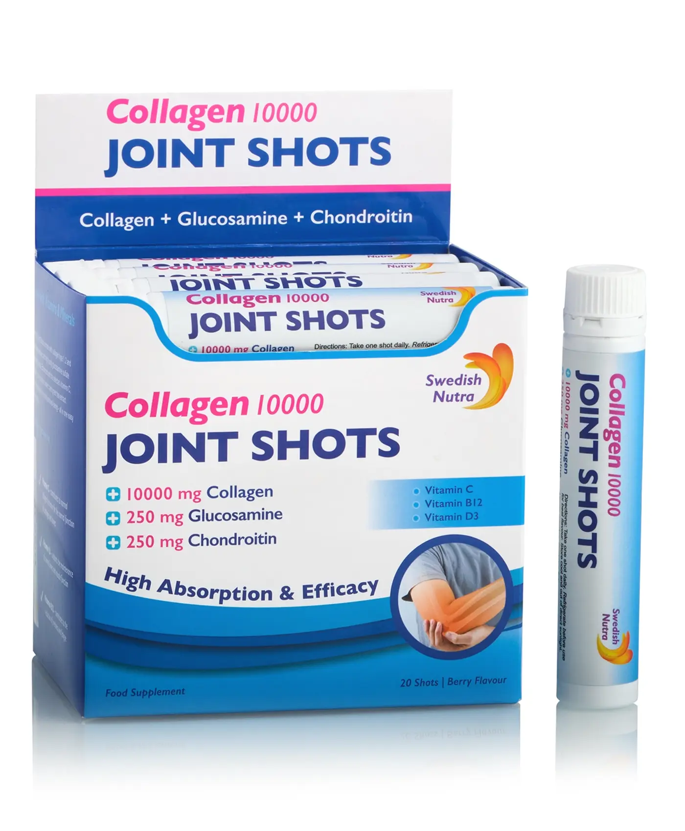 Joint Shots – Colagen lichid hidrolizat de tip 1, 2 și 3 cu 10.000mg + Glucozamină Sulfat + MSM + Condroitină + Turmeric + Ceai verde + Vitamina B12, C și D3 – Cutie cu 20 de fiole