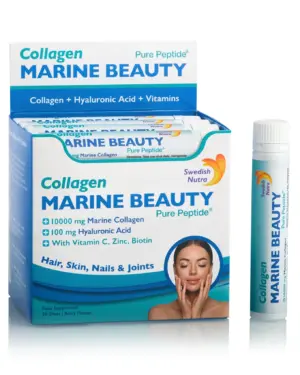 MARINE BEAUTY - Colagen lichid hidrolizat marin de tip 1 și 3 pentru par, piele, unghii si articulații + Acid Hialuronic + Siliciu +Biotina + Seleniu + Zinc + Vitaminele C, B5, B6, B12 și D3 - Cutie cu 20 de fiole