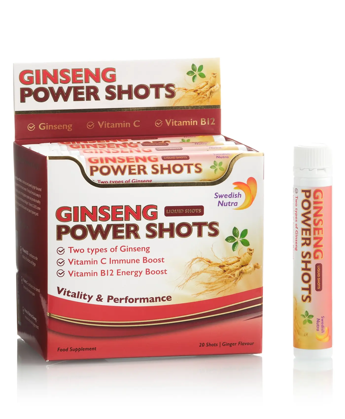 Ginseng Power Shots cu Ginseng Siberian + Panax Ginseng + Ghimbir + Vitamine – Energie si Vitalitate – Produs Vegan – 20 fiole