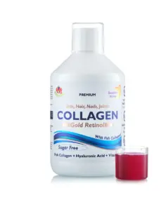 Colagen Gold Retinol fara zahar (din Peste) -Lichid, Hidrolizat Tip 1 si 3 cu 12.500 mg + Retinol 800 mcg + Biotina + MSM + Acid Hialuronic + Zinc + Seleniu + Siliciu + Vitamine - 500 ml
