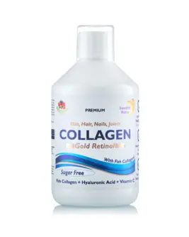 Colagen Gold Retinol fara zahar (din Peste) -Lichid, Hidrolizat Tip 1 si 3 cu 10.000 mg + Retinol 800 mcg + Biotina + MSM + Acid Hialuronic + Zinc + Seleniu + Siliciu + Vitamine - 500 ml