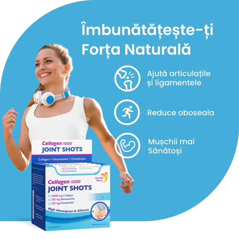 Joint Shots – 30 shots – Colagen lichid hidrolizat de tip 1, 2 și 3 cu 10.000mg + Glucozamină Sulfat + MSM + Condroitină + Turmeric + Ceai verde + Vitamina B12, C și D3 Joint Shots 30