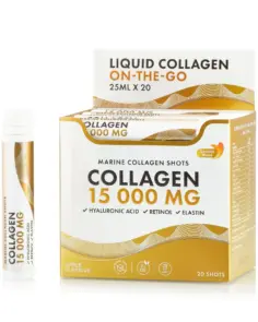 Colagen 15.000 mg – Colagen Marin Hidrolizat Lichid Tip 1 si 3 + Acid Hialuronic 50 mg + Retinol 800 mcg + Elastina 10 mg + MSM 100 mg + Zinc 10 mg + Seleniu 27,5 mcg + Vitamine + Organic Superfoods Fructe si Legume – Cutie cu 20 Shots