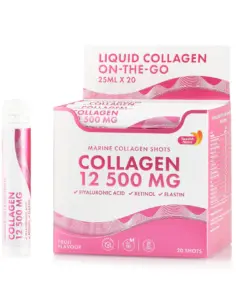Colagen Marin Hidrolizat Lichid cu 12.500 mg + Acid Hialuronic 50 mg + Retinol 800 mcg + Elastina 10 mg + MSM 200 mg + Zinc 10 mg + Vitaminele C, B5, D3, K2 pentru o piele tanara, par stralucitor, unghii rezistente si articulatii sanatoase – Cutie cu 20 fiole buvabile