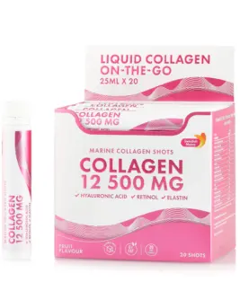 Colagen Marin Hidrolizat Lichid cu 12.500 mg + Acid Hialuronic 50 mg + Retinol 800 mcg + Elastina 10 mg + MSM 200 mg + Zinc 10 mg + Vitaminele C, B5, D3, K2 pentru o piele tanara, par stralucitor, unghii rezistente si articulatii sanatoase – Cutie cu 20 fiole buvabile