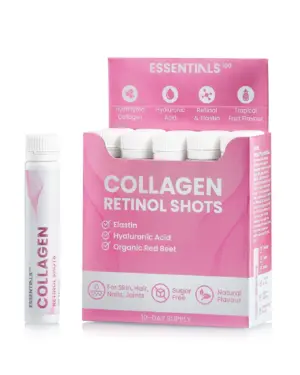 Essentials 100 - Colagen Retinol – Colagen Hidrolizat Lichid + Retinol 960 mcg + Elastina 10 mg + Vitaminele B3 si B9 + Super Blend Antioxidant Mix 10.000 mcg din 10 Verdeturi, Fructe si Legume – Cutie cu 10 Fiole