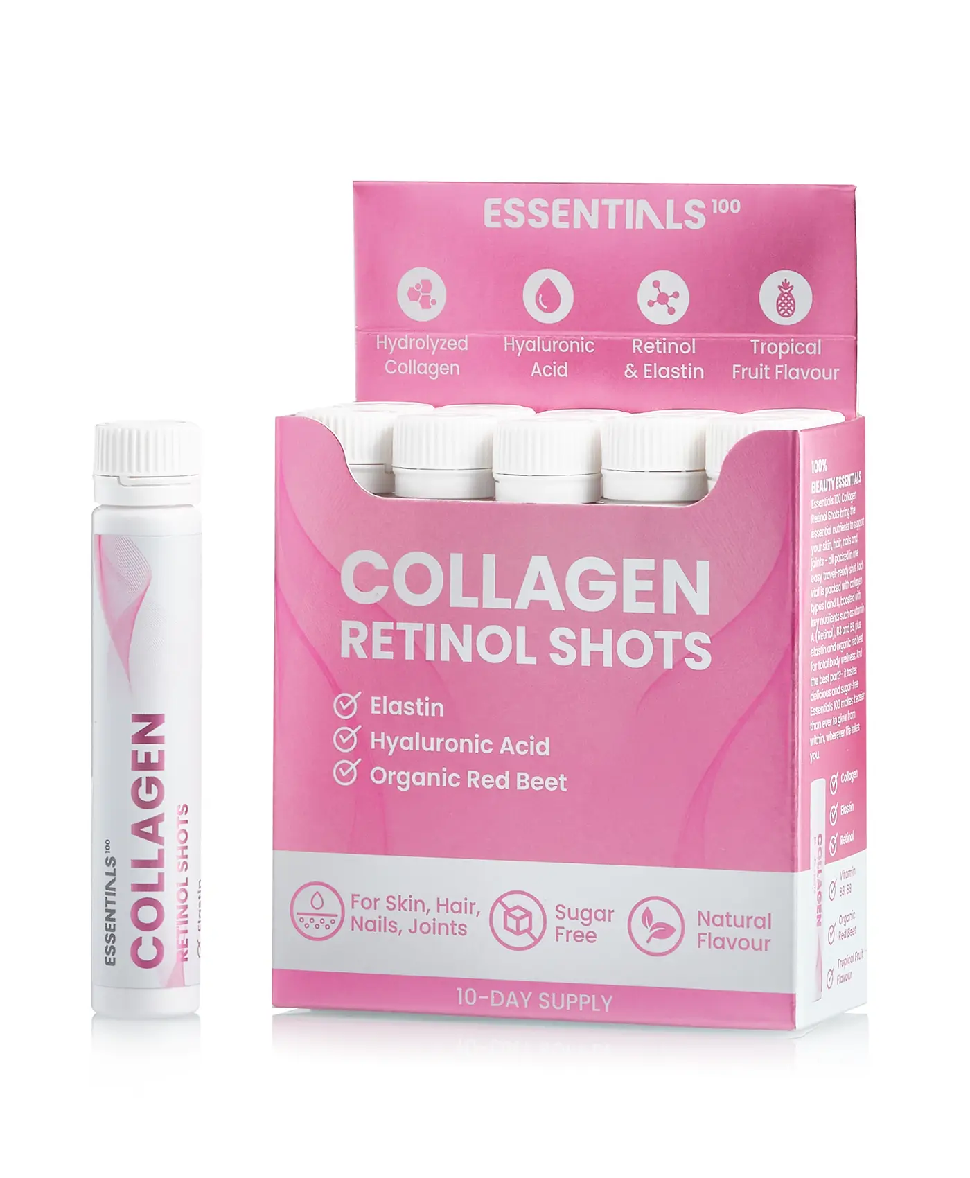 Essentials 100 - Colagen Retinol – Colagen Hidrolizat Lichid + Retinol 960 mcg + Elastina 10 mg + Vitaminele B3 si B9 + Super Blend Antioxidant Mix 10.000 mcg din 10 Verdeturi, Fructe si Legume – Cutie cu 10 Fiole
