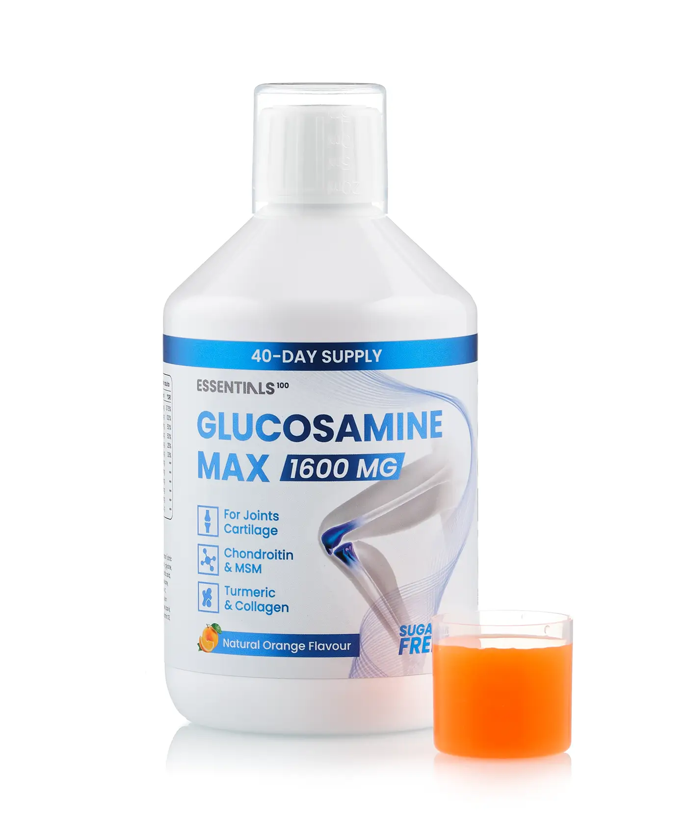 Essentials 100 - Glucosamine Max cu Glucozamina 1600 mg + Condroitina 100 mg + MSM 100 mg + Colagen Hidrolizat 200 mg + Acid Hialuronic 10 mg + Vitaminele A, C, D3 si B12 – Formula pentru articulatii, cartilaje, oase, tendoane – Sticla cu 500 ml