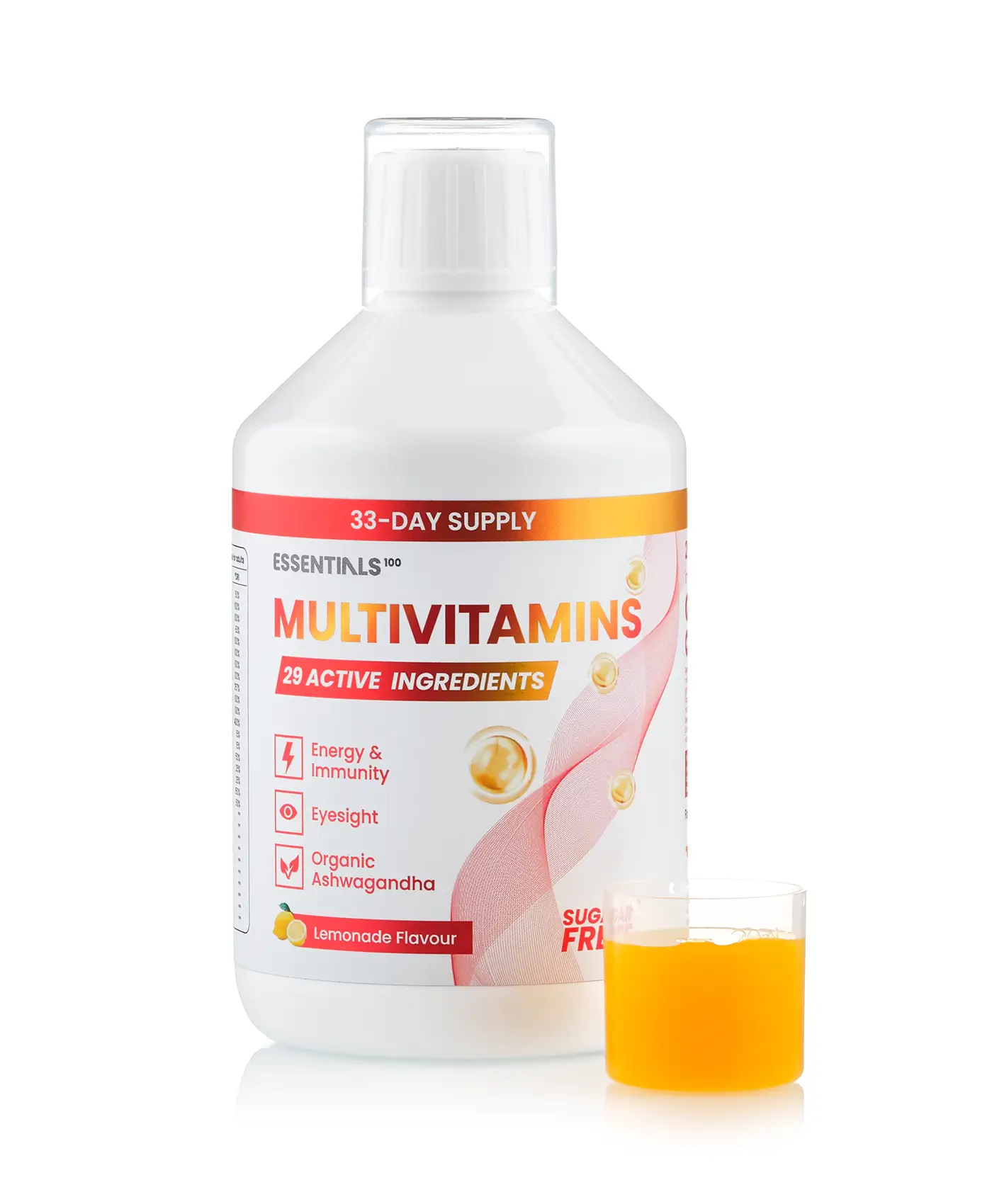 Essentials 100 - Multivitamine Lichide: Ashwagandha + Luteina + Zeaxantina + Spirulina Organica + Sfecla cu 29 Ingrediente Active – Sticla cu 500 ml
