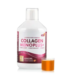 Colagen Menoplus – Colagen Marin Hidrolizat Lichid cu 10.000 mg + Retinol 80 mcg + Acid Hialuronic 75 mg + Elastina 25 mg + Biotina 50 mcg + Coenzima Q10 5 mg + Vitamina D3 15 mcg + Magneziu 57 mg + Calciu 120 mg + Zinc + Seleniu + Vitamine pentru Echilibru Hormonal, Frumusete si Confort la Femeile aflate la Menopauza – Sticla cu 500 ml
