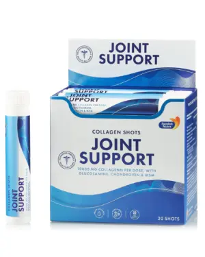 Joint Support Shots – Colagen Lichid Hidrolizat Tip 1, 2 si 3 cu 10.000 mg + Glucozamina + Condroitina + MSM + Turmeric + Vitaminele C, D si B12 – Cutie cu 20 fiole