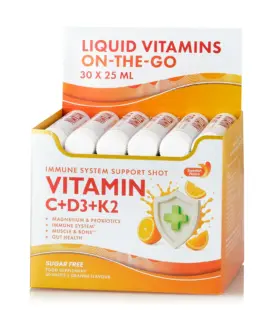 Vitamina C 500 mg + Vitamina D3 + K2 + Probiotice – 30 Fiole – Imunitate, Energie si Piele cu Aspect Sanatos – Produs Vegan Cutie