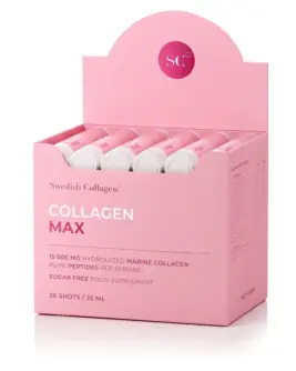 Collagen Max - Colagen Marin Hidrolizat Lichid 15.000 mg Tip 1 și 3 + Acid Hialuronic 150 mg + Elastină 50 mg + MSM 125 mg + Biotină 5000 mcg + Zinc + Seleniu + Vitamine - Cutie 30 Fiole