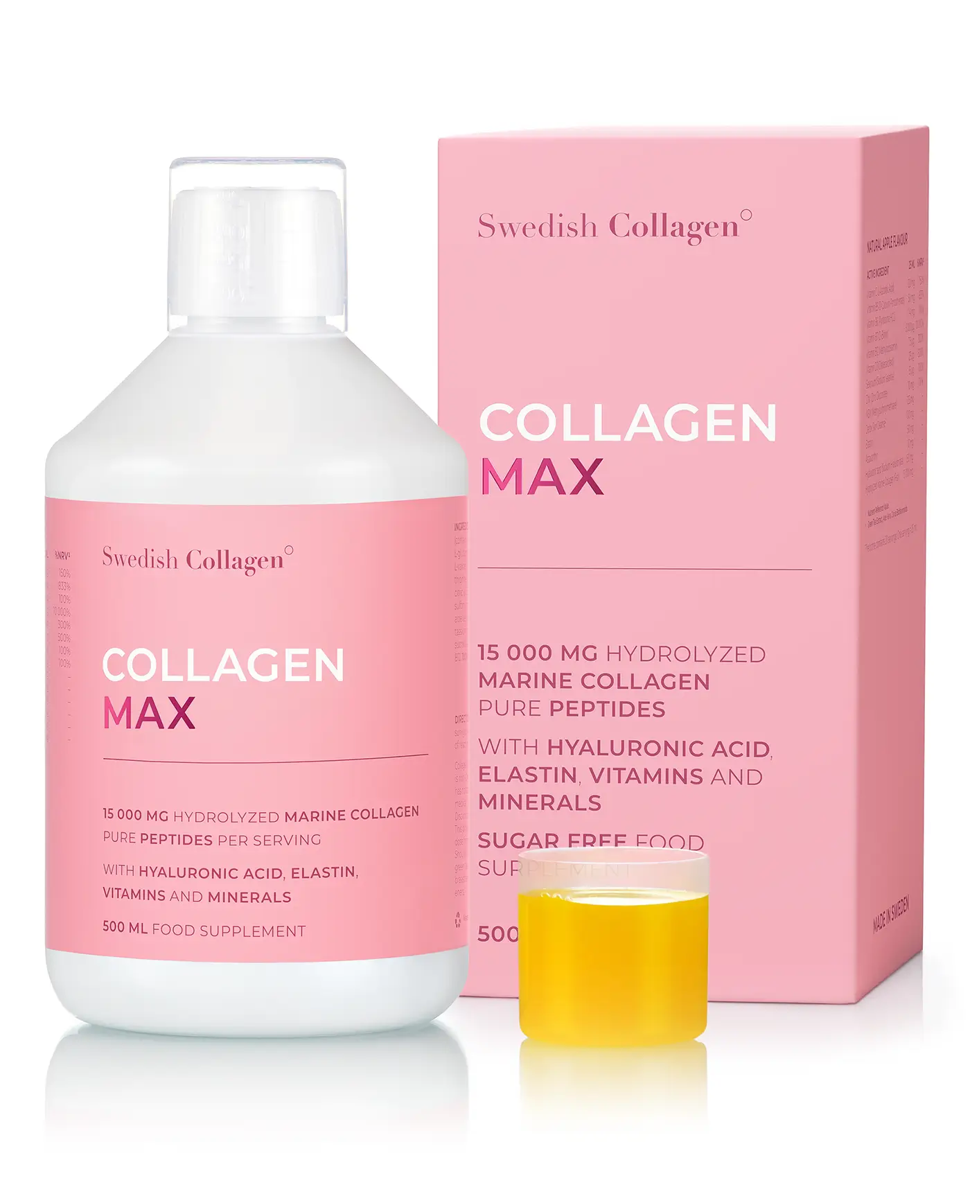 Collagen Max - Colagen Marin Hidrolizat Lichid 15.000 mg Tip 1 și 3 + Acid Hialuronic 150 mg + Elastină 50 mg + MSM 125 mg + Biotină 5000 mcg + Zinc + Seleniu + Vitamine