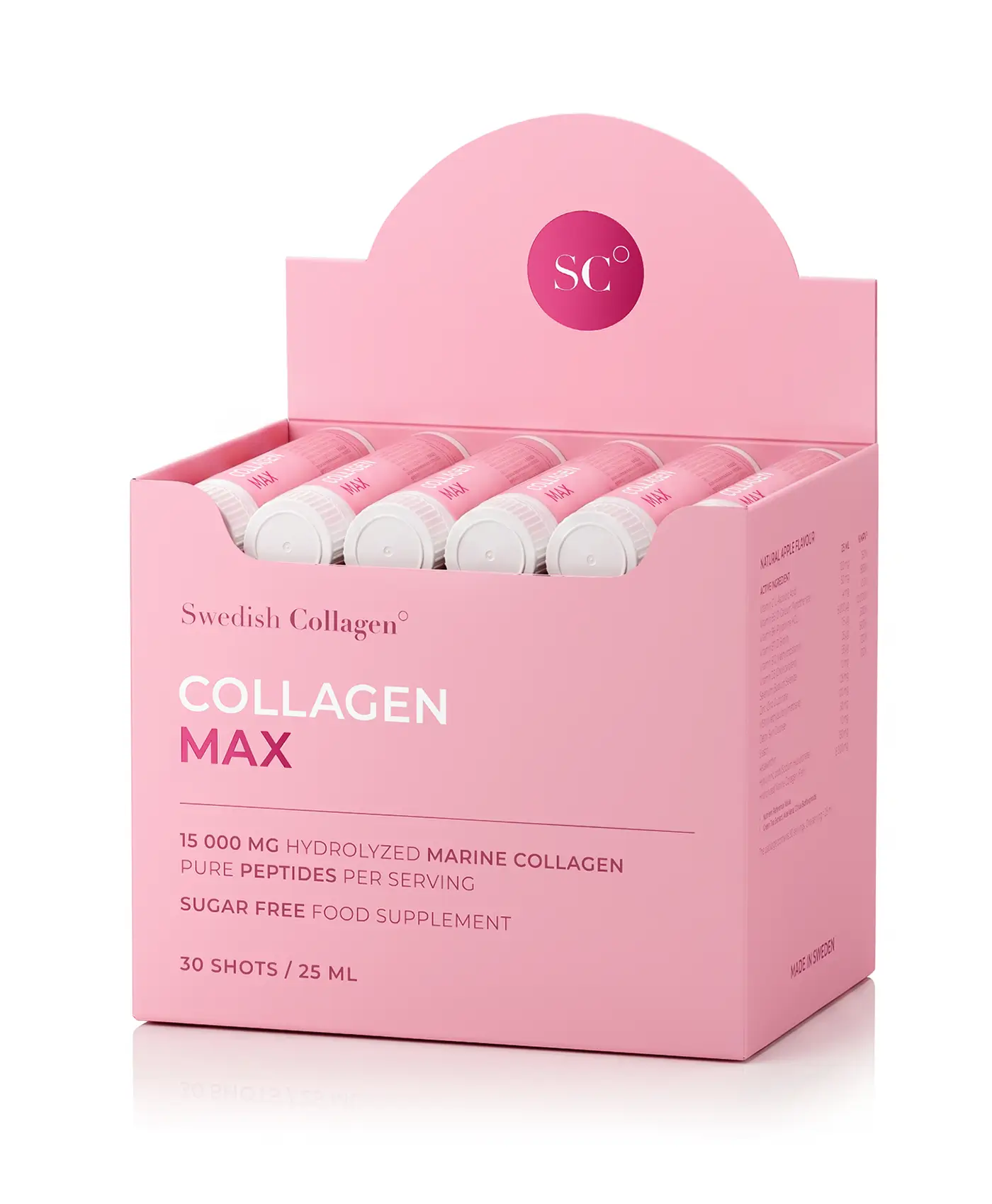 Collagen Max - Colagen Marin Hidrolizat Lichid 15.000 mg Tip 1 și 3 + Acid Hialuronic 150 mg + MSM 125 mg + Elastină 50 mg + Biotină 5000 mcg + Zinc + Seleniu + Vitamine - Cutie 30 Fiole1